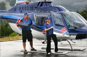 Domino's Delivers "Lava" to Mount St. Helens in an Extreme Helicopter Delivery. With no Domino's locations in the area to deliver, Domino's flew in over 1,000 Chocolate Lava Crunch Cakes to tourists as they enjoyed breathtaking views of Mount St. Helens on August 12, 2009. Andrea J. Wright / AP Images / for Domino's Pizza